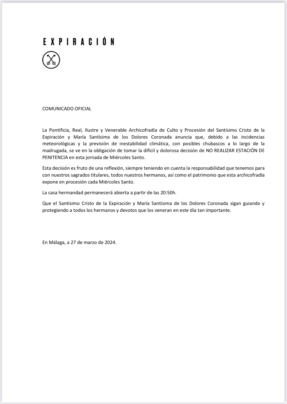 COMUNICADO OFICIAL SALIDA PROCESIONAL MIÉRCOLES SANTO